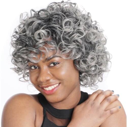 ZM Newstyle 12" Short Afro Wigs Synthetic Mixed Ombre Grey Kinky Curly Wig for Black/White Women High Temperature Fiber American