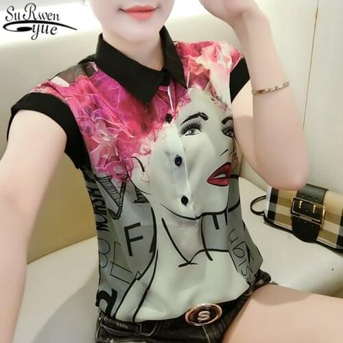 2021 Summer New Style Cool Black Printed Lapel Chiffon Blouse Short Sleeve O-Neck Loose Pullover Womans Shirts Streetwear 10304