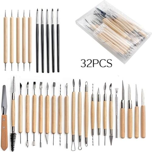 32PCS Arts Crafts Clay Sculpting Tools Pottery Carving Tool kit Pottery Ceramics Ceramics Wooden Handle Modeling Clay Tools Set