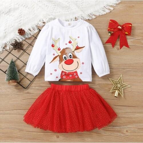 2021 Kids Girls Christmas Clothes Set Deer Print Long Sleeve O-neck T shirt Tops Dot Print Short Tulle Skirt Childrens Sets