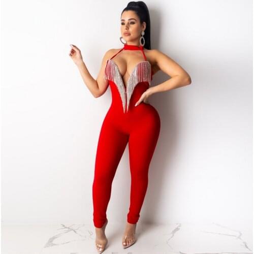 New Fashion Women Rayon Bandage Jumpsuit Romper Overalls Sexy deep V tassels tight Playsuit Leg Rompers Female