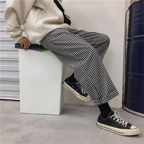 Summer Korean Vintage Streetwear Plaid Elastic High Waist Casual Boho Pant Straight Wide Leg Loose Harajuku Trouser Women/Men