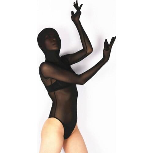 LinvMe Unisex Sexy Black Mesh Sheer Zentai Half Suit Long Sleeve Bodysuit Second Skin Suit