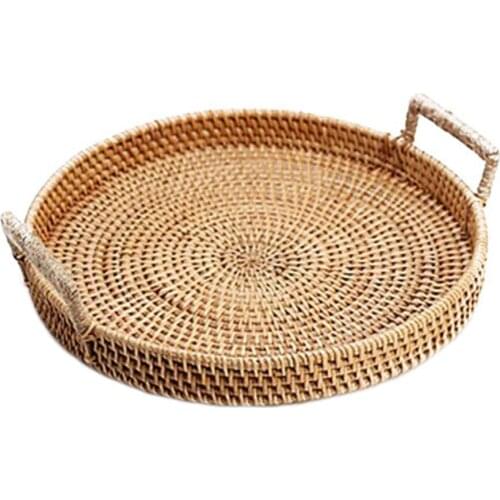Rattan Storage Tray Fruit Round Basket with Handle Hand-Woven Rattan Tray Wicker Basket Bread Food Breakfast