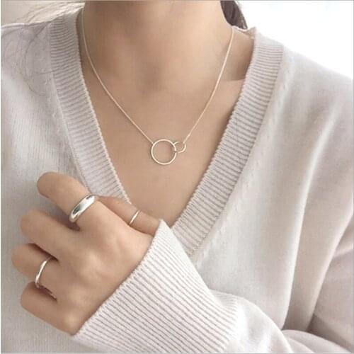 Minimalist double Circle Silver Chain necklaces for women,brief smooth loop chain necklace,party girl Engagement Jewelry gifts