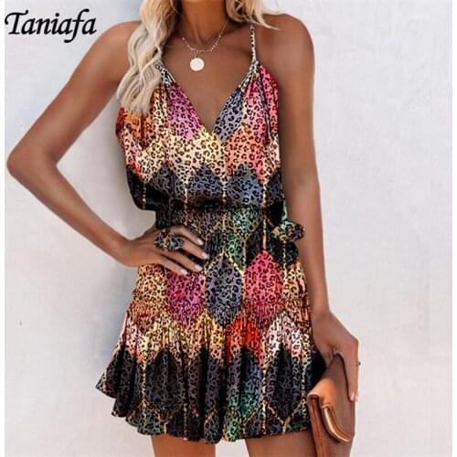 Fashion V-neck Pullover Print Suspender Dress Camisole Mini Dress Lady Sleeveless Casual Dresses for Women
