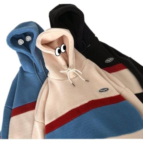 Japan Korea Style Hipster Patchwork Stripe Fleece Hoodies Men Loose Casual Hooded Sweatshirts Male Fashion Tops Pullove