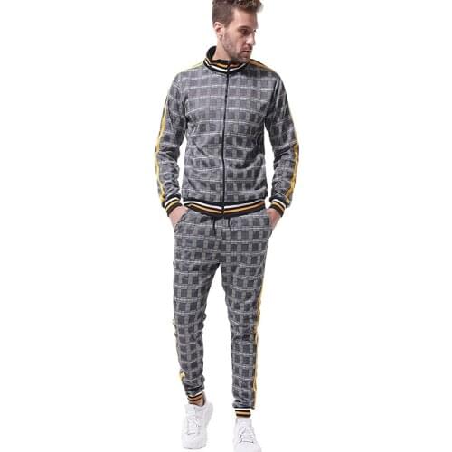 2021 high Quality Mens Casual Suit 3D Digital Printing Long-sleeved Plaid zipper Coat rousers Fitness Slim Casual Tracksuits