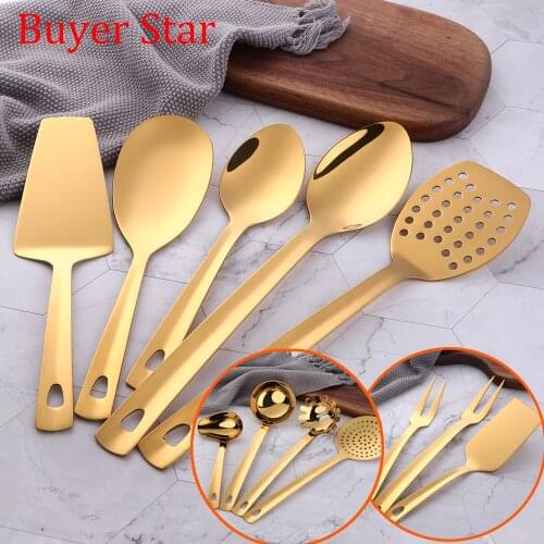 1pcs Gold Kitchen Utensils Cooking Tools Set Stainless steel Soup Ladle Spatula Metal Rice scoop Cake Shovel cookware bakeware