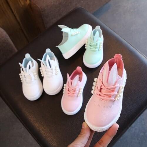 2021 New Kids Leather Shoes Childrens Pearl Princess Flats Peas Shoes Cute Rabbit Fashion Shoes 21-30 All-match Non-slip Sweet