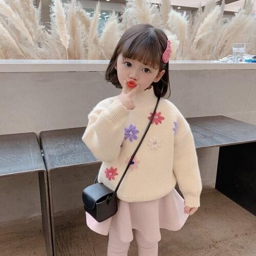 New Spring Winter Baby Girl Casual Turtleneck Sweater Childrens Knitted Woolen Kids Floral Warm Thicken Plus Velvet Hedging