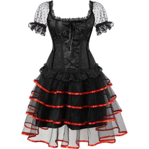 Sapubonva corset dress victorian plus size shoulder straps corsets and bustiers skirts lace flower corselet overbust burlesque