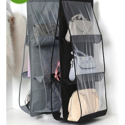 6 Pocket Hanging Handbag Organizer For Wardrobe Closet Bag Sundry Storage Transparent Hanger with Wall Door Shoe Bag Clear N7A6