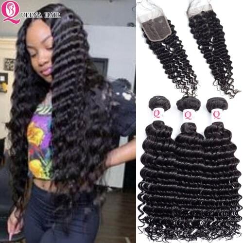 Queena Cheap Cambodian Deep Wave Bundles With Closure With by Hair Natural Black Deep Curly Human Hair Bundles With Closure Remy