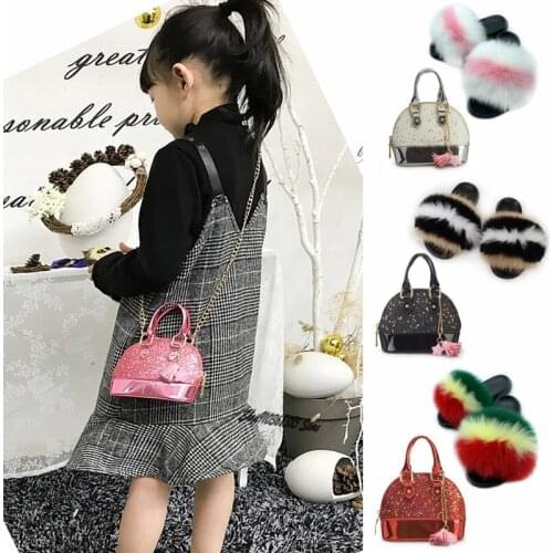 Kids Slippers Girls Fluffy Furry Sandals Plush Fox Fur Slides Childrens Fashion Messenger Bags Sets Bling Shoulder Chain Bag