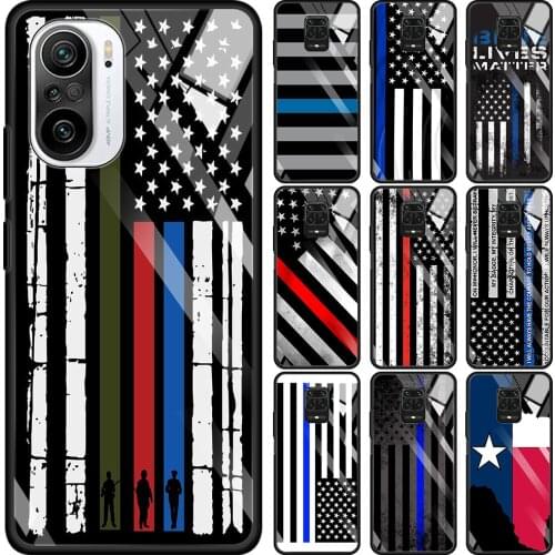 Thin Blue Line American US Flag Transparent Glass Case For Redmi Note 9S 9 8 Pro 8T 7 9C 9S 6A 10 K40 K30 9T 8A Bumper