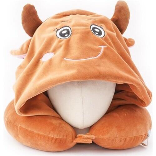 Cushion Home Outdoor Textile U Shaped Neck Pillow Cute Cow U-Shaped Neck Protection Pillow with Hook Travel Car Plane Pillows