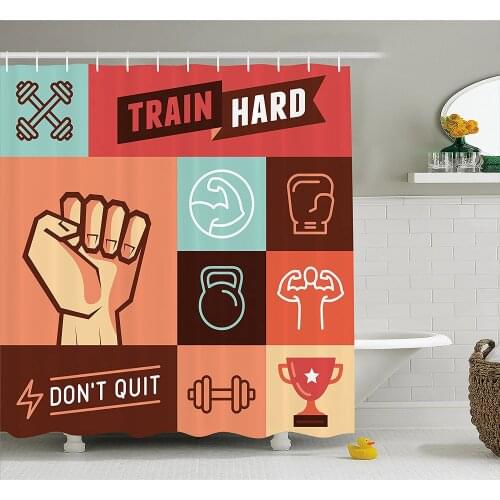 Fitness Shower Curtain Gym Crossfit Trainings Achievement Victory Strength Determination Don't Quit Phrase Bath Curtains
