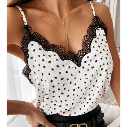 Womens T-shirt Lace Splicing V Neck Summer Sleeveless Strappy Tank Tops Dot Printed Slim Sling Tops Office Lady Vest Tanks