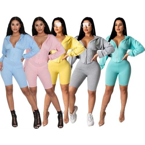 2 Piece Womwn Sets Sexy Deep V Neck Casual Long Sleeve Hooded Zipper Shorts Leggings Knee Length Fashion Tracksuit Sportswear