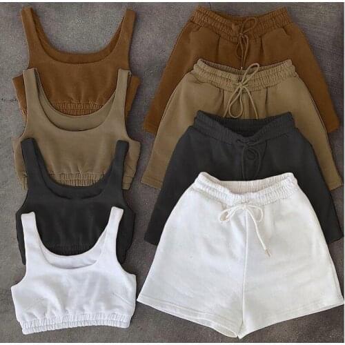 Casual Sportswear Two Piece Sets Women Skinny Crop Top & Drawstring Shorts All-Matching Women Clothing Summer Tops Sexy Outfits