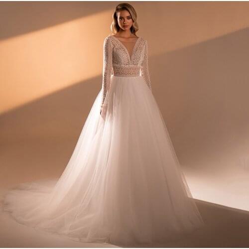Boho Tulle A-Line Lace Long Sleeve Wedding Dress Bridal Gowns 2021 Sheer V-Neck Court Train Button Back Robe De Mariée