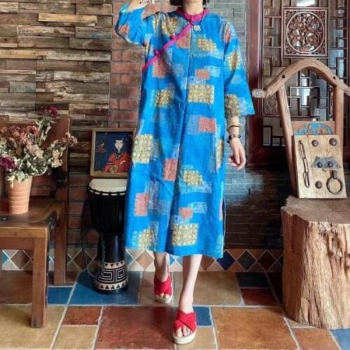 QPFJQD Ladies Seven Sleeve Chinese Style Button Robes Spring Autumn Women A-Line Retro Print Floral Dresses Stand Collar