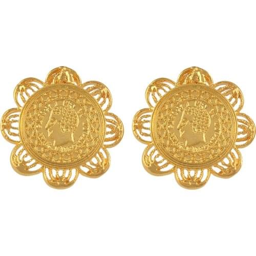 Gold Color Arab Ethiopian Coin Earrings With Clip for Women Girls African Jewelry Gifts #J0891