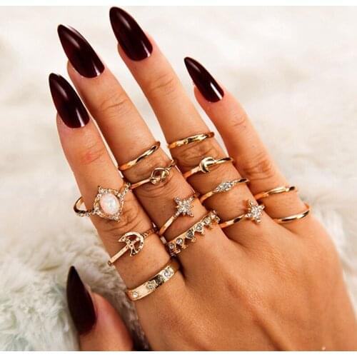 13pcs/set Boho Vintage Gold Star Moon Rings Set For Women Opal Crystal Finger Ring Female Bohemian Jewelry Gifts