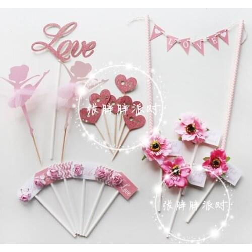 20pcs pink love Ewedding cake toppers paper cards banne, flower Cupcake Toppers creative wedding dessert table decoration