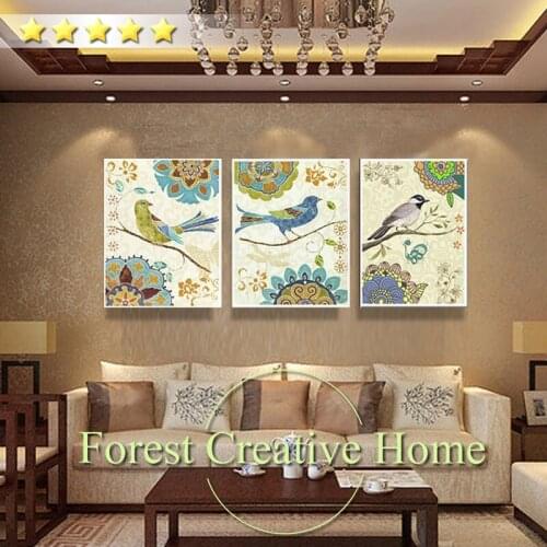 Chinese style 3pc bird flower vintage color canvas painting art classic entrance wall pictures home decor wall painting art