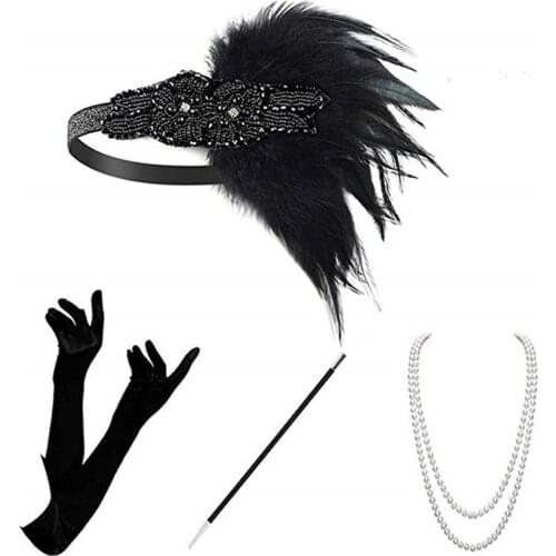 1920s Flapper Dress Accessories Retro Party Props Gatsby Charleston Headband Pearl Necklace White Feather Band For Wedding