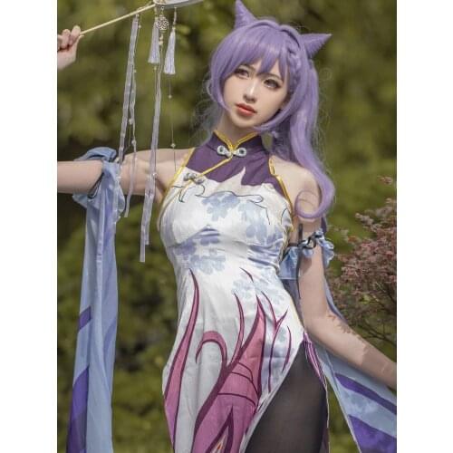 Anime Game Genshin Impact Project Keqing Purple Elegant Cheongsam Dress Cosplay Costumes Halloween Women Clothing