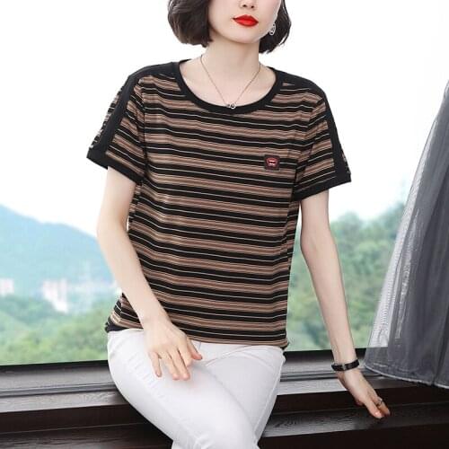 BOBOKATEER Haut Femme Elegant Short Sleeve T Shirt Women Clothing Camisas De Mujer Cotton Woman Tshirts Striped T-shirty Damskie