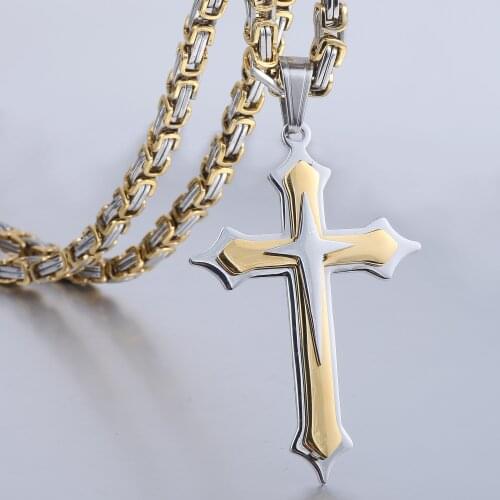Davieslee Fashion Mens Cross Pendant Necklaces Stainless Steel 2 Layer Knight Cross Male Jewelry Byzantine Chain DKP615