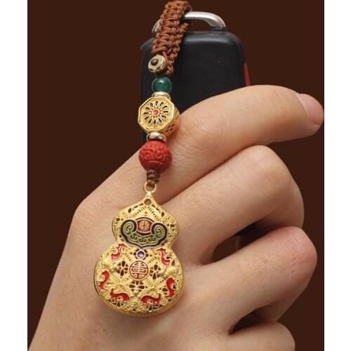 Feng Shui Brass Wu Lou Charm Hanging Pendant for Good Luck Fortune Brass Cutout Wu Lou Key Chain Feng Shui Decoration