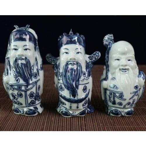 China Blue and white ceramic Fu lu shou three God crafts statue A set