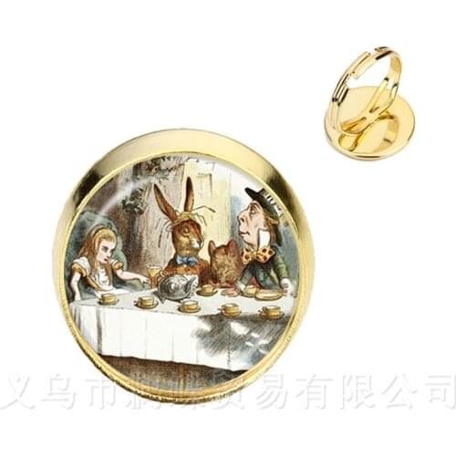 Alice in Wonderland Rings Handmade Glass Cabochon Golden Plated 2 Color Adjustable Rings Gift For Friends