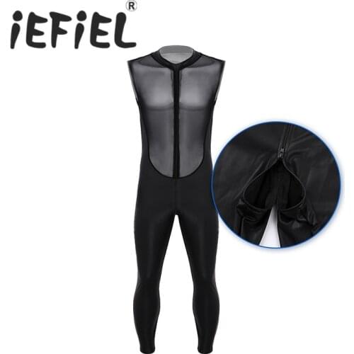Mens Adults Wetlook Patent Leather Round Neck Sheer Mesh Splice Bodice Double Zipper Leotard Bodysuit Jumpsuit Clubwear Romper