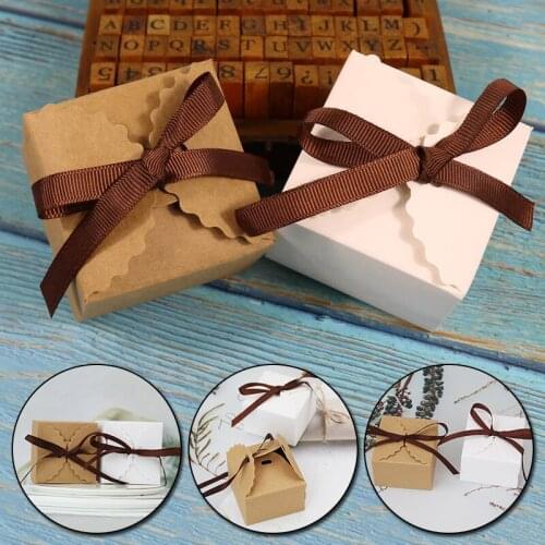 10PCS Square Kraft Paper Box Cardboard Package Valentines Day Gift Candy Storage Boxes With Ribbons 6.5X6.5X4.5CM