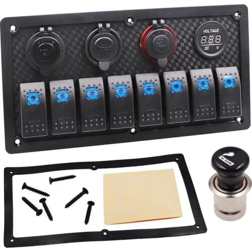 Rocker Switch Panel Control Car Marine Boat Circuit Breakers Panel Dual USB Charging Ports Cigarette Lighter Socket 8 Gang