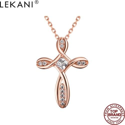 LEKANI Classic Cross Pendant Necklaces For Women 5A Clear Cubic Zirconia Rose Gold Color Necklace Party Hot Sale Fashion Jewelry
