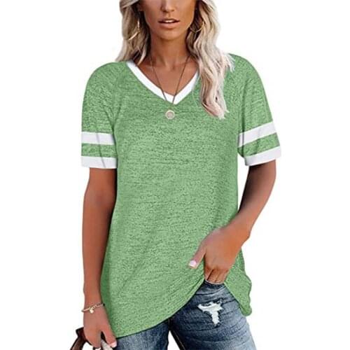 Summer Casual T Shirt Women Contrast Color Simplicity V Neck Short Sleeve Loose Plus Size Streetwear Tops Vetement Femme