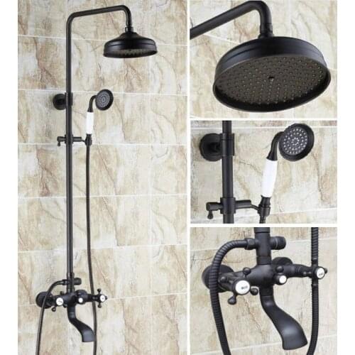 Black Oil Rubbed Brass Wall Mount 8" Rain Bathroom Rainfall Shower Faucet Set with Hand Spray Shower Head Tub Mixer Tap 2hg102