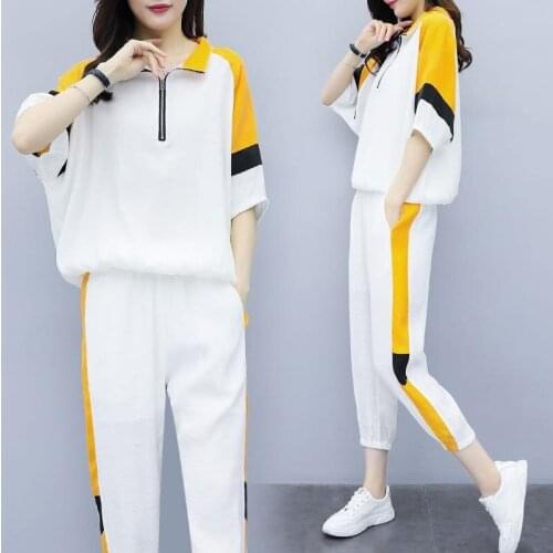 2021 New Womens Loose Sports 2-piece Set Korean Casual Sports Top + Pants Two-piece Suit Female Plus Size Fashion Suit