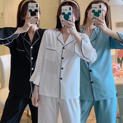 2021 Autumn Fashion Silk Satin Long Sleeve Pajama Sets for Women Korean Sleepwear Suit Pyjama Homewear Pijama Mujer Home Clothes