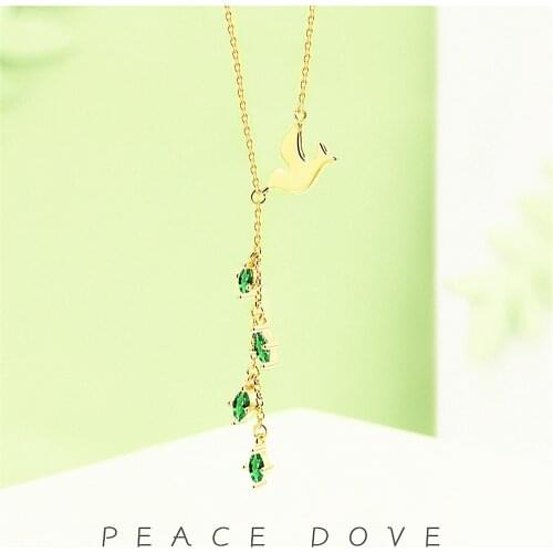 Green Zircon Laves Women Necklaces Sterling Peace Dove Pendant Long Chain Necklace For Women Charm Jewelry Gift