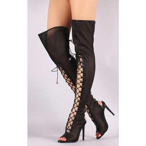 Sexy Woman Black Mesh Over The Knee Boots Gladiator Sandal Boots Women High Heel SummeThigh Boots Mujer Slingbacks Shoes Woman