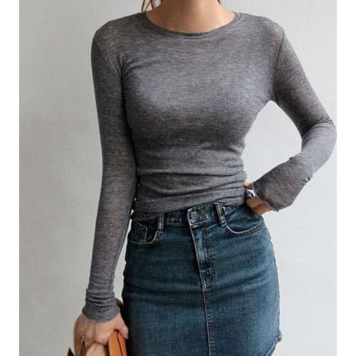 Slim High Quality Plain T Shirt Women Cotton Elastic Basic T-shirts Female Casual Tops Long Sleeve Sexy Thin T-shirt see through