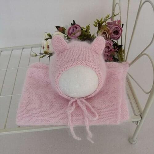 Vintage Newborn Angola Teddy bear bonnet Knitted Baby Stuffed animal toy set Photography props Baby boy hat wrap